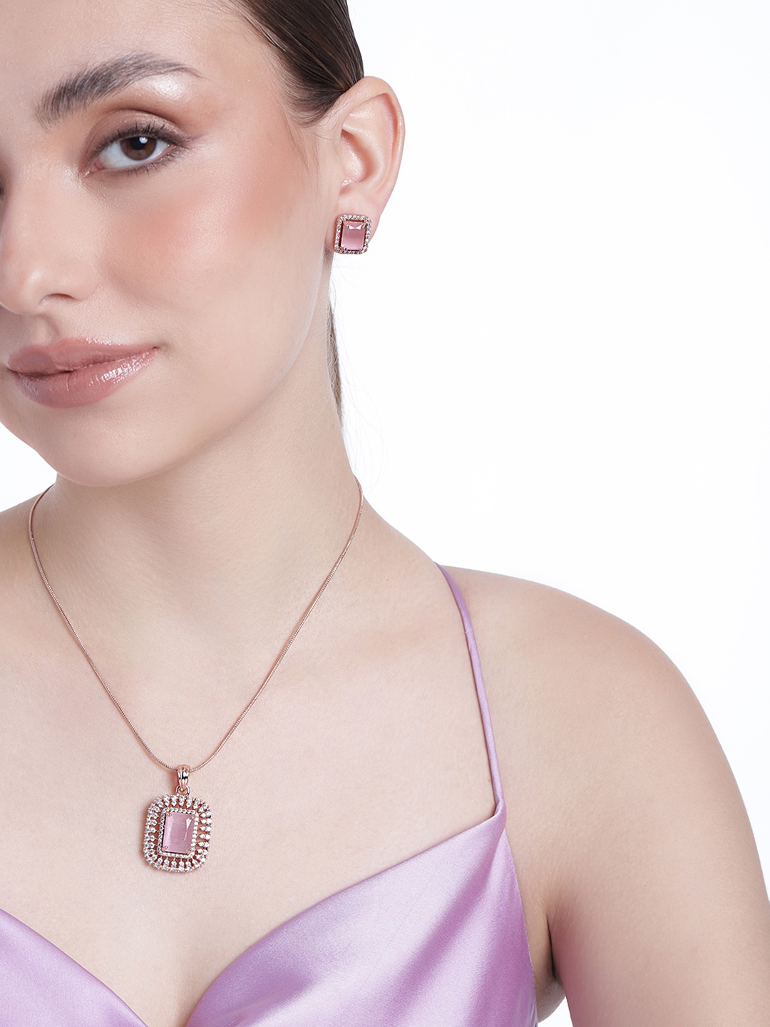 

Estele Rose Gold Plated CZ Square Designer Pendant Set with Mint Pink Crystals