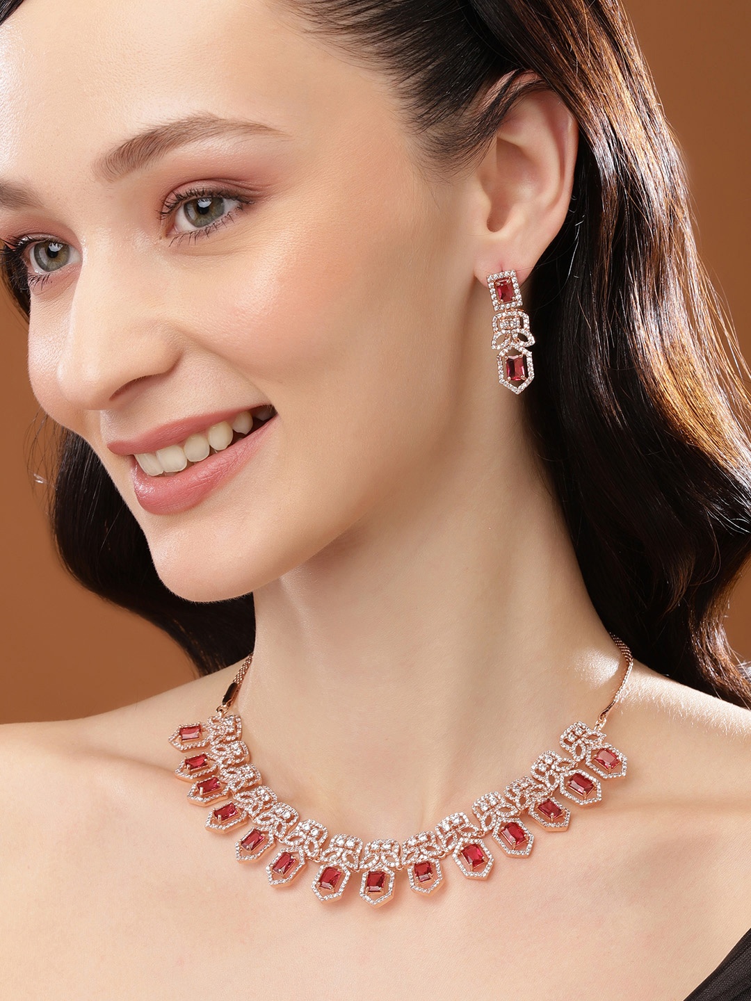 

Estele Rose Gold Plated CZ Dazzling Necklace Set with Tourmaline Pink Crystals