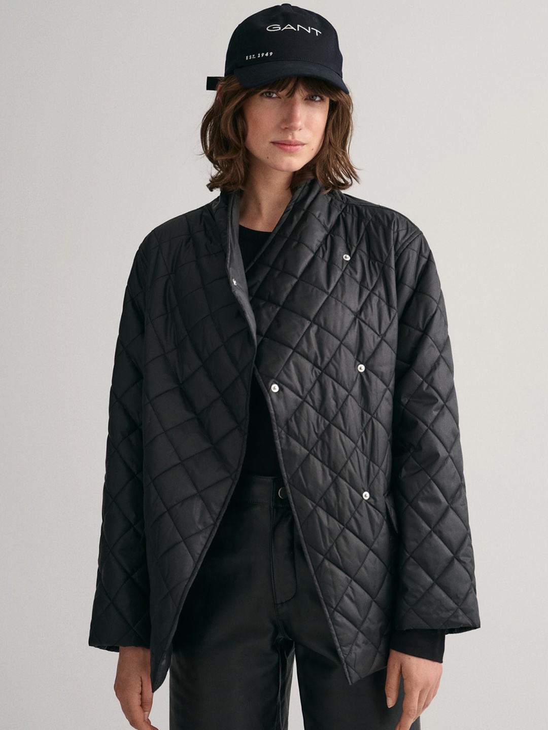 

GANT Longline Quilted Jacket with Patchwork, Black