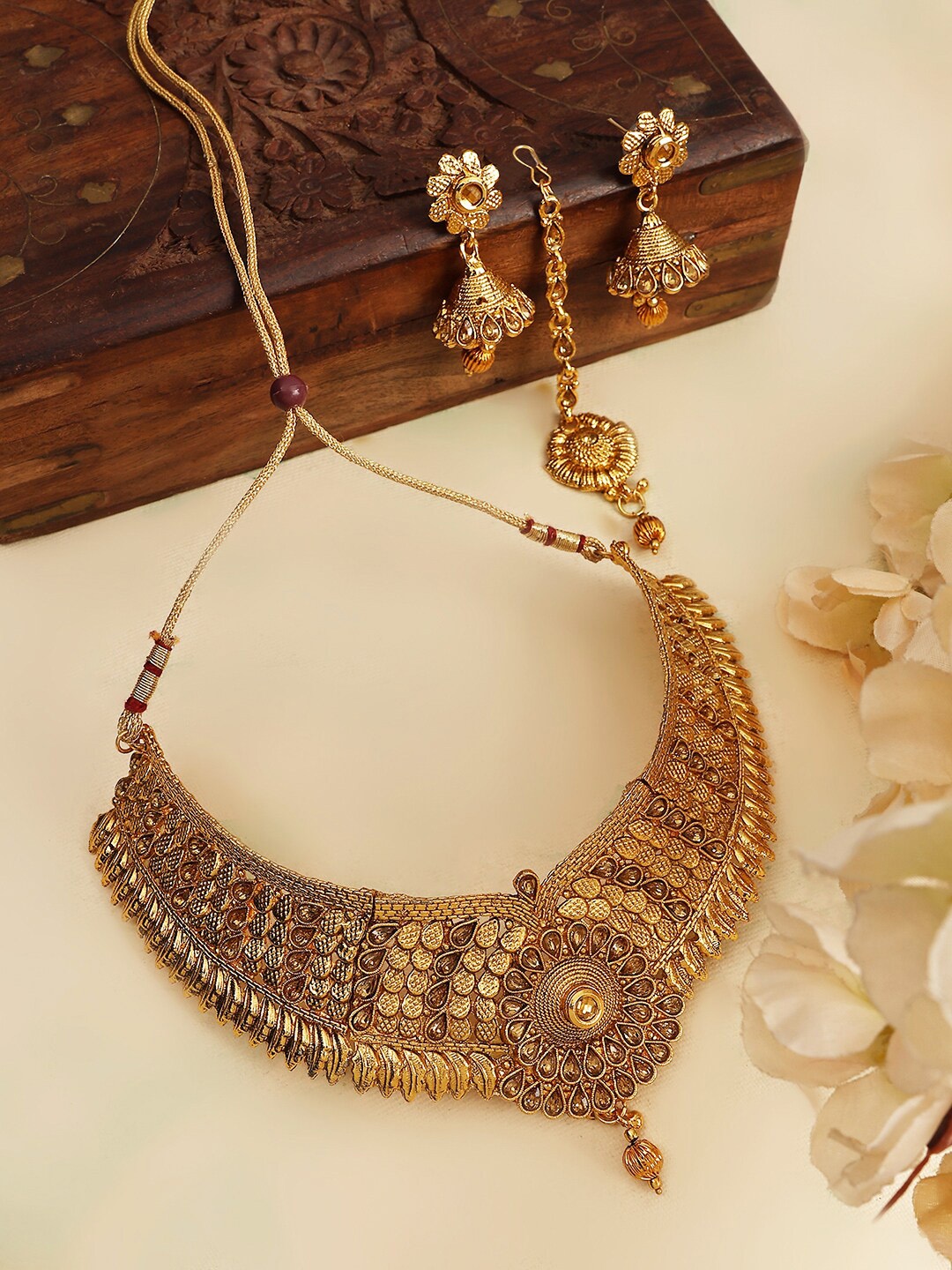 

ANIKAS CREATION Gold Plated Necklace With Earring And Maangtika