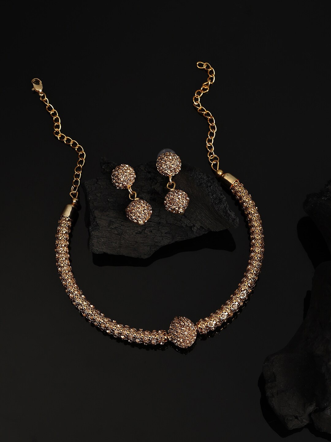 

ANIKAS CREATION Gold Plated American Diamond Stone Studded Jewellery Set