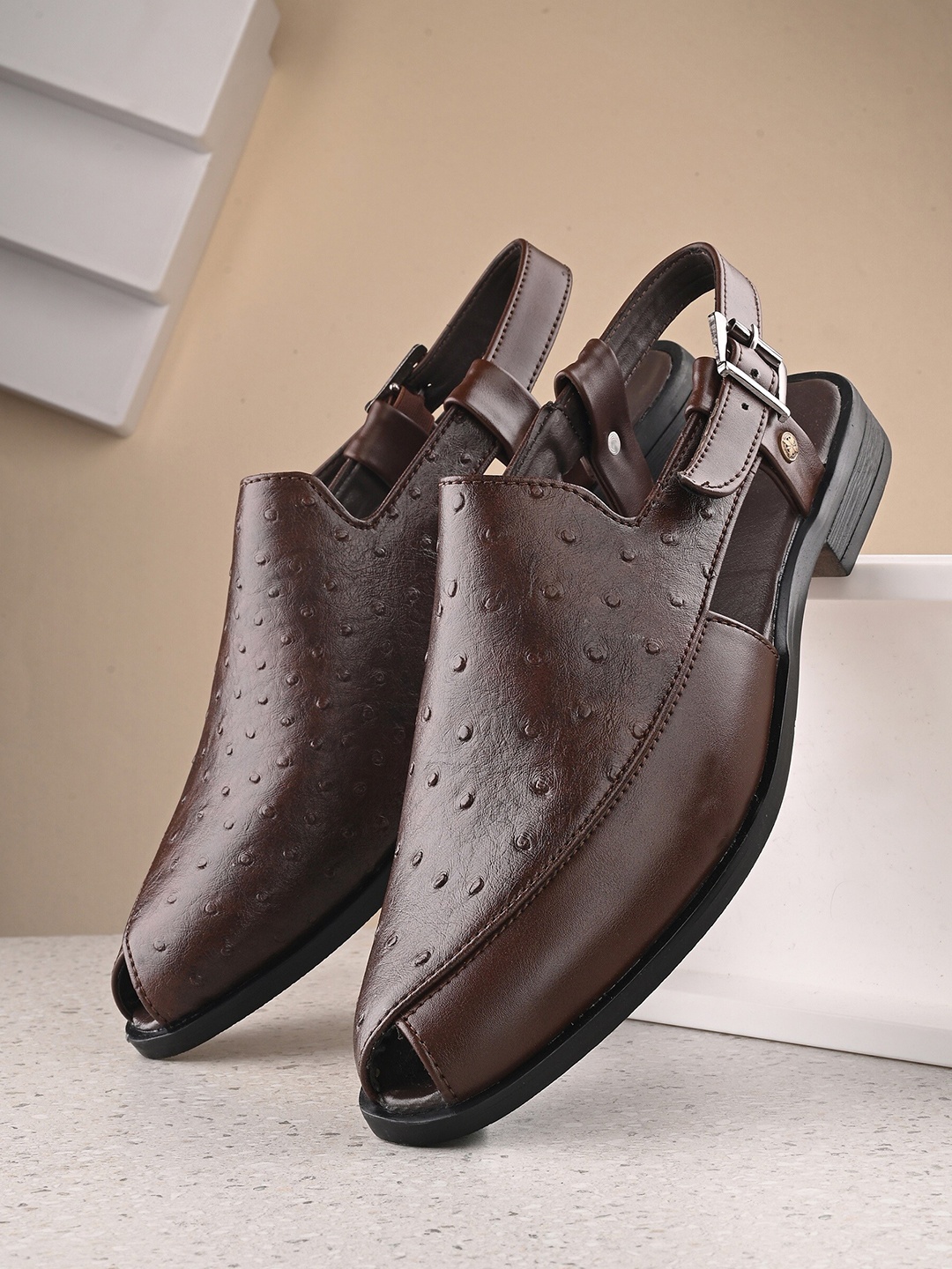 

House of Pataudi Men Textured Shoe-Style Sandals With Buckle Closure, Brown