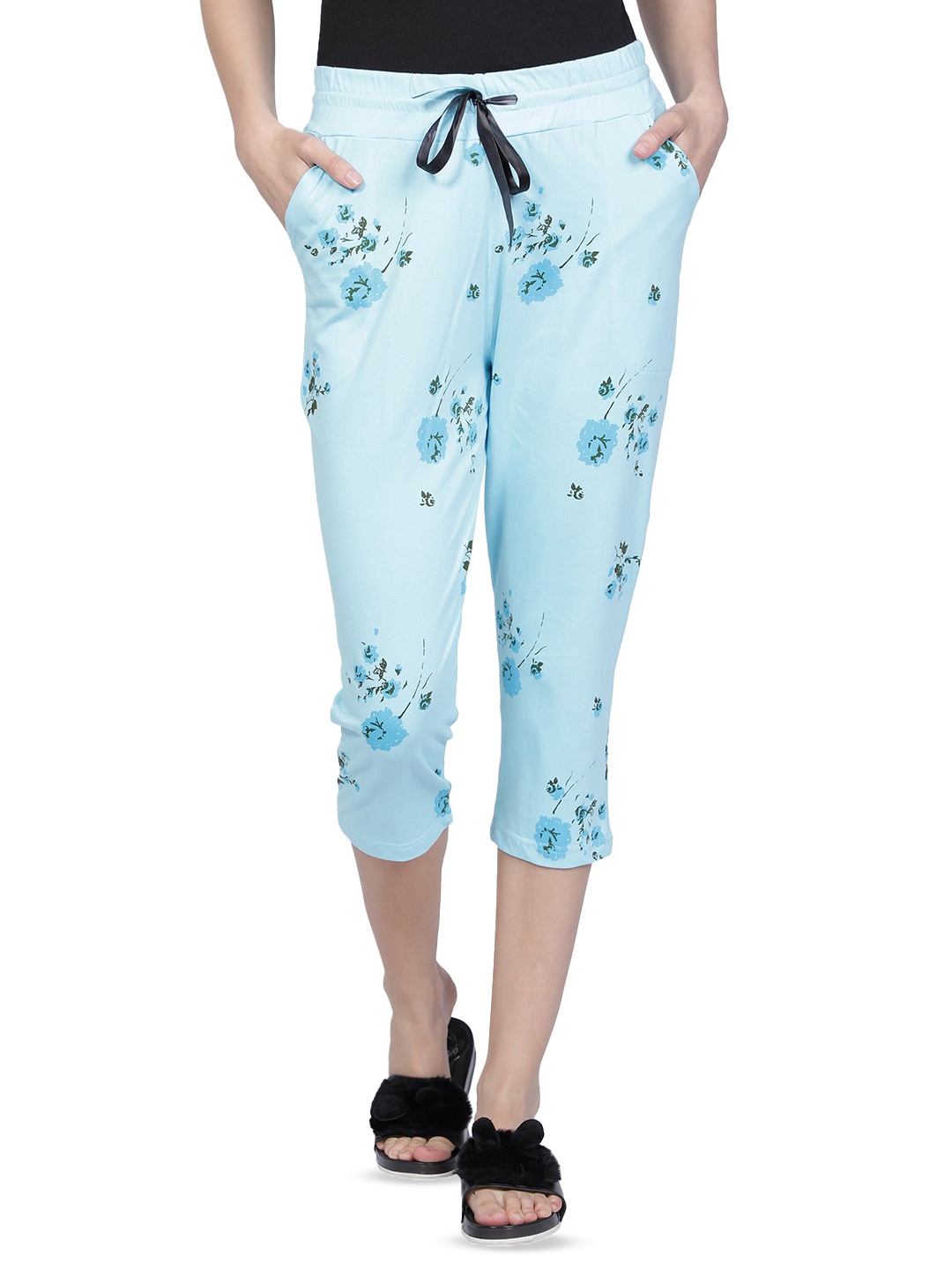 

CLUB A9 Printed Cotton Capris, Turquoise blue