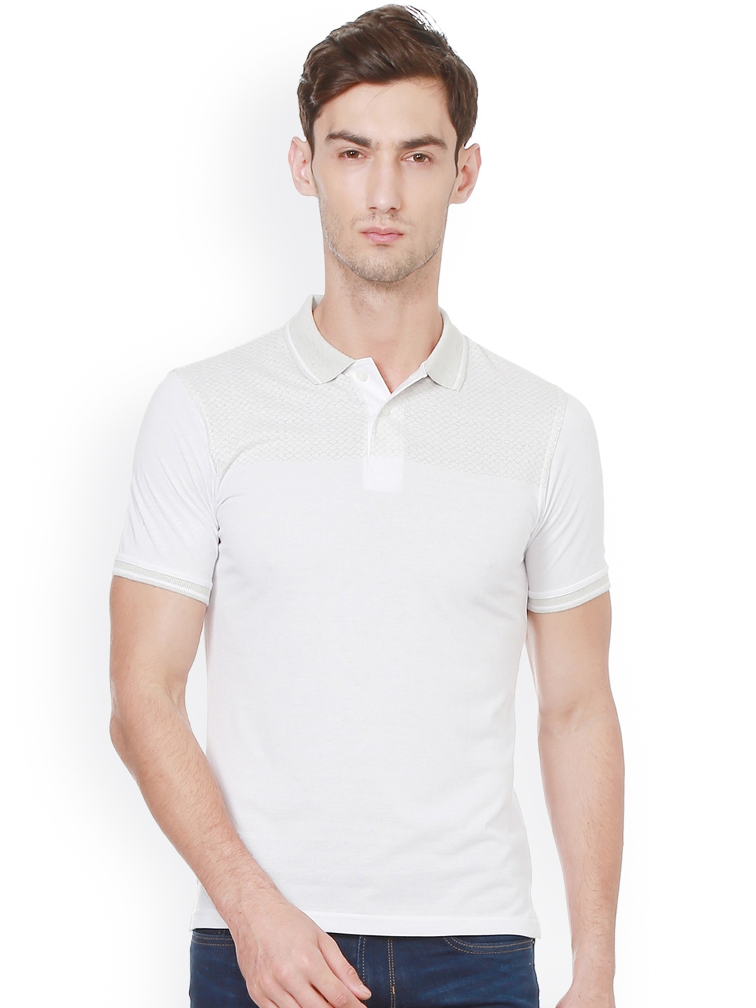 

Peter England Men White Self Design Polo Collar T-shirt