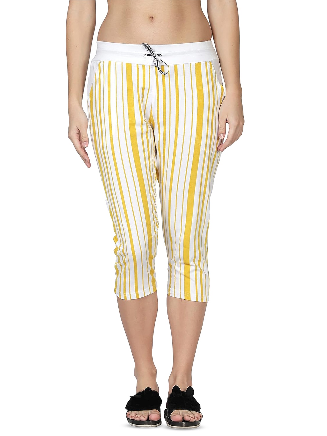 

CLUB A9 Striped Pure Cotton Capris, White