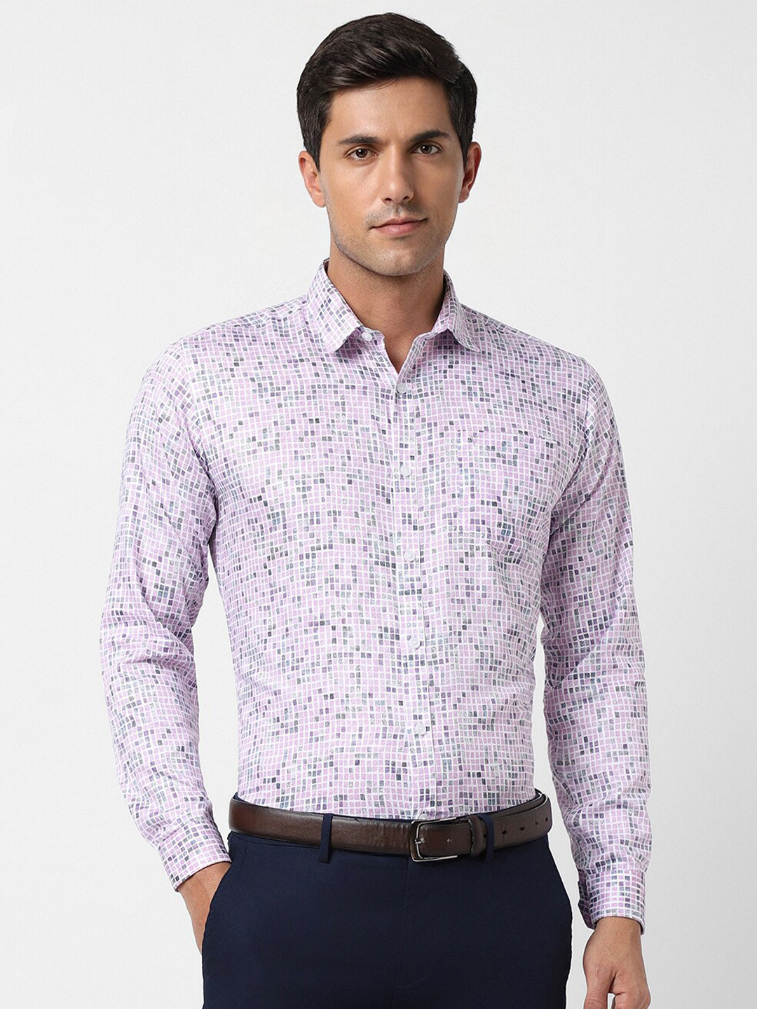 

V Dot Slim Fit Geometric Printed Long Sleeves Formal Pure Cotton Shirt, Purple