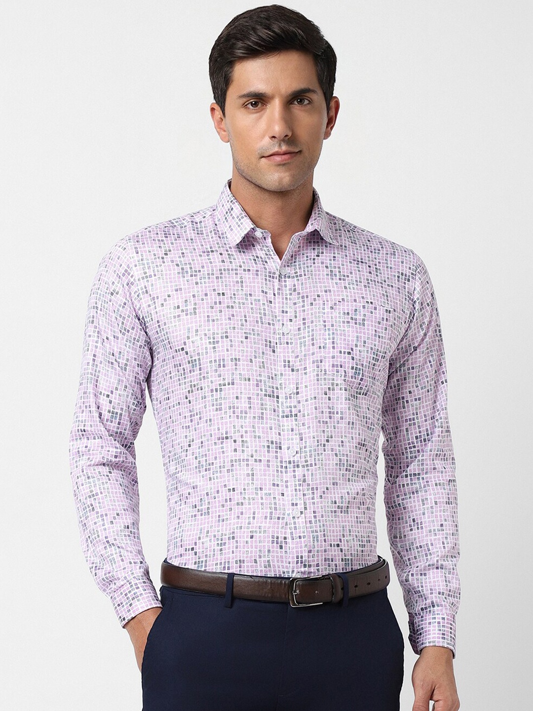 

V Dot Slim Fit Geometric Printed Long Sleeves Formal Pure Cotton Shirt, Purple