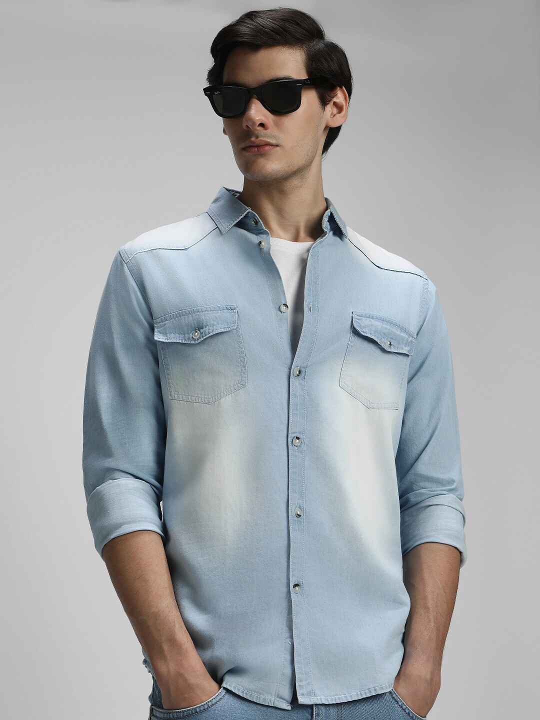 

Dennis Lingo Classic Slim Fit Faded Opaque Faded Casual Shirt, Blue