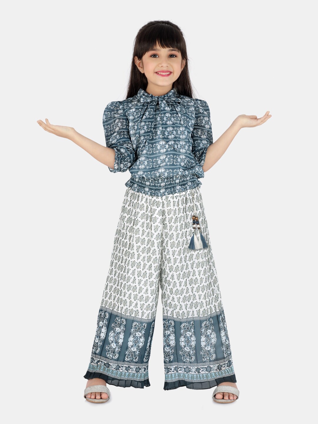 

Peppermint Girls Ethnic Motifs Printed Shirt With Palazzos, Blue