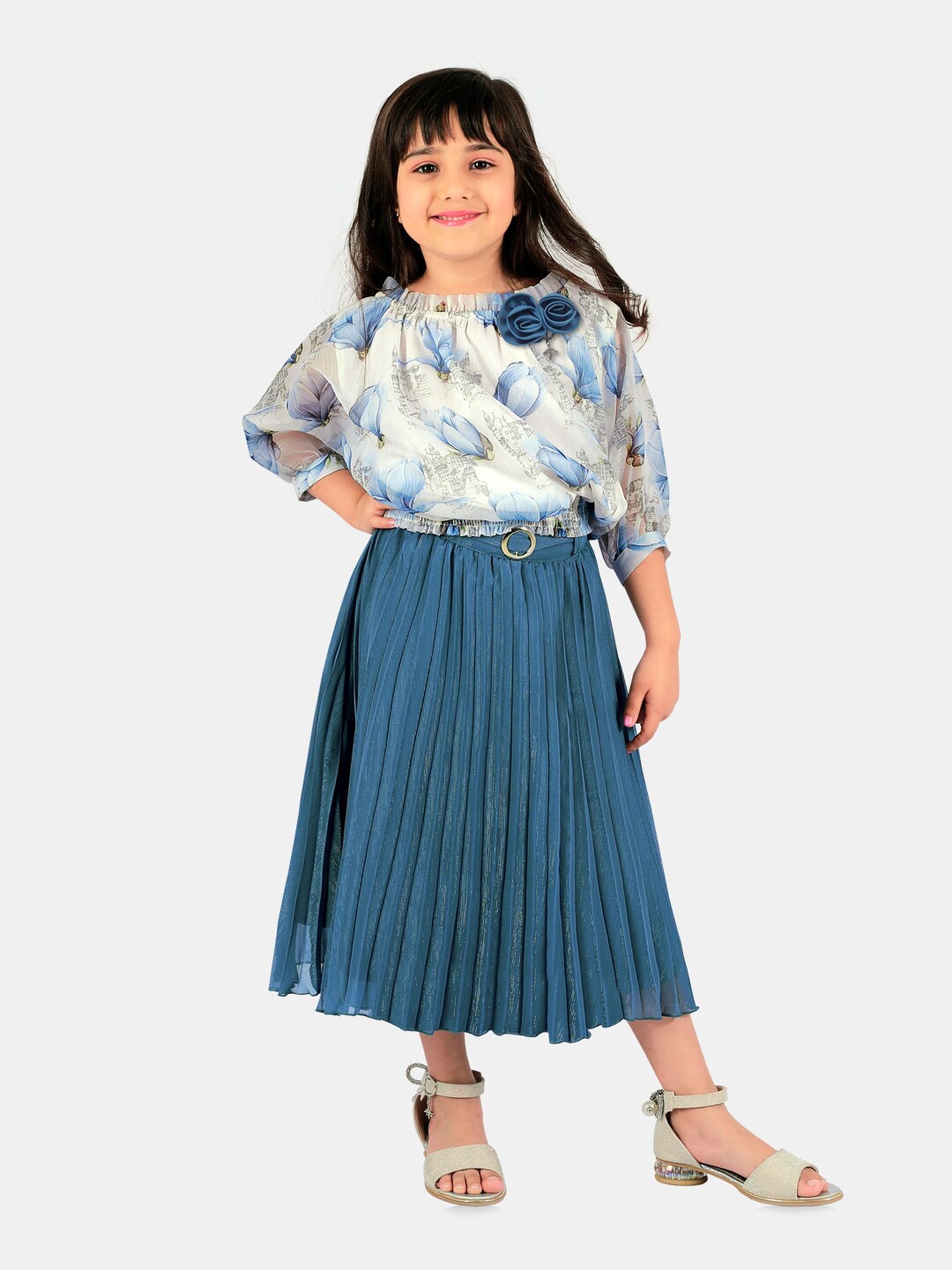 

Peppermint Girls Floral Printed Top With Skirt, Teal