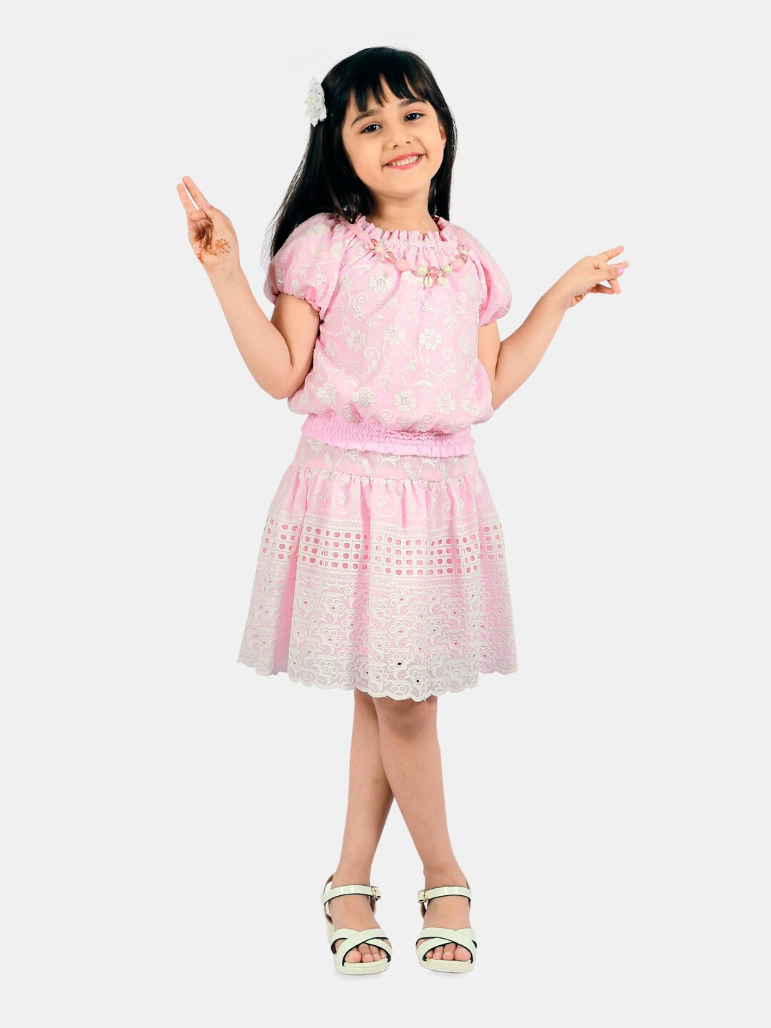 

Peppermint Girls Ethnic Motifs Self Design Top With Skirt, Pink
