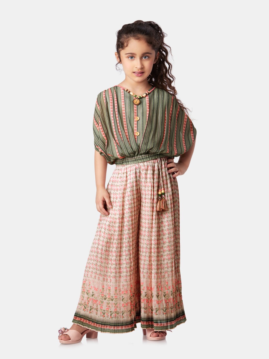 

Peppermint Girls Striped Printed V-Neck Three-Quarter Sleeve Clothing Set, Green