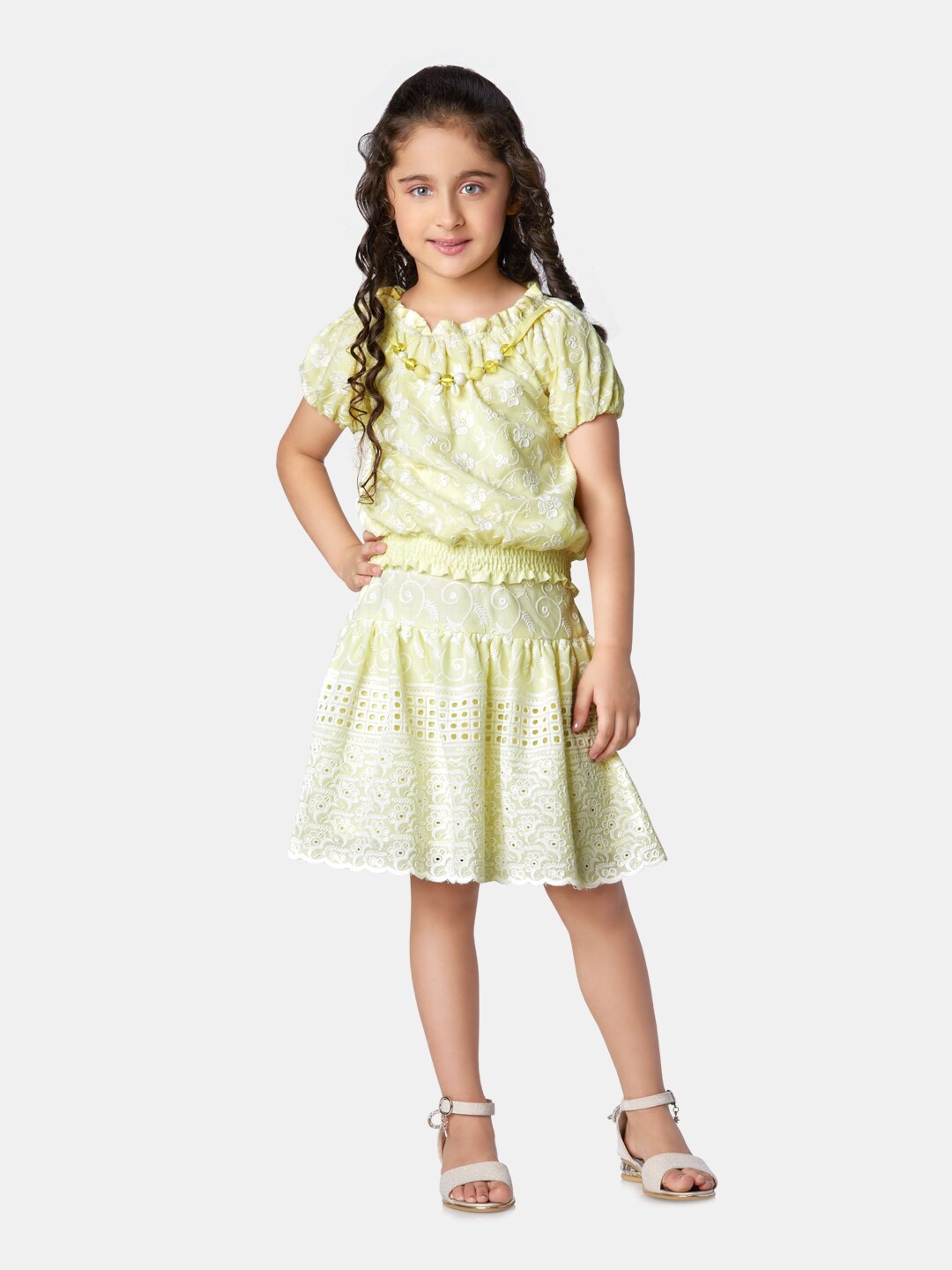 

Peppermint Girls Ethnic Motifs Self Design Top With Skirt, Yellow
