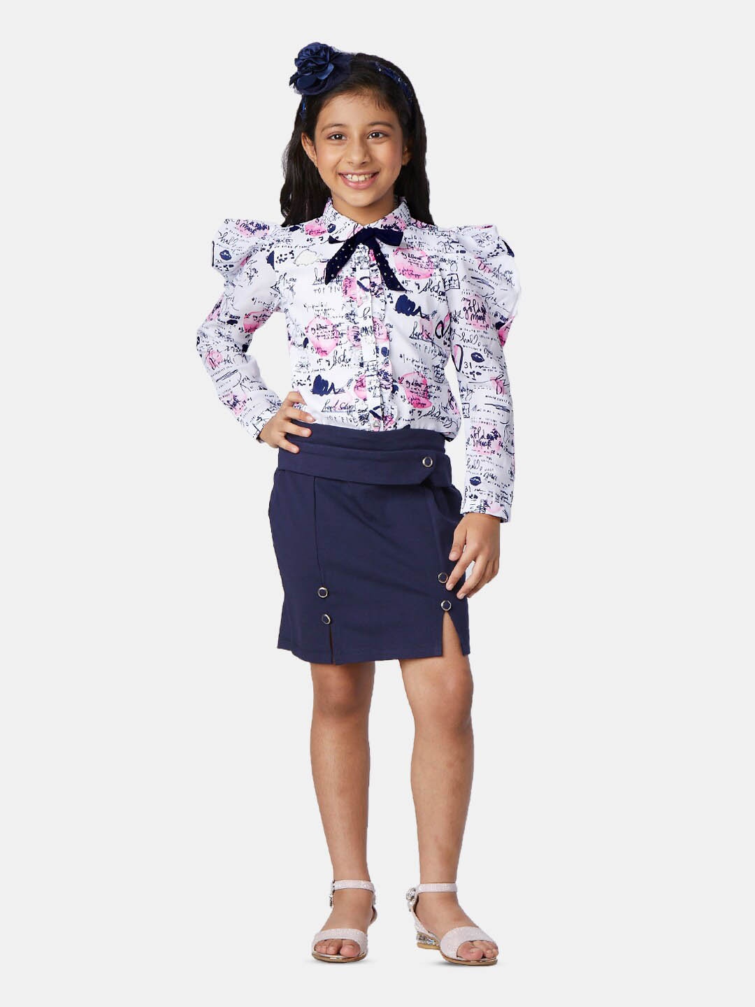 

Peppermint Girls Typography Printed Top with Skirt, White