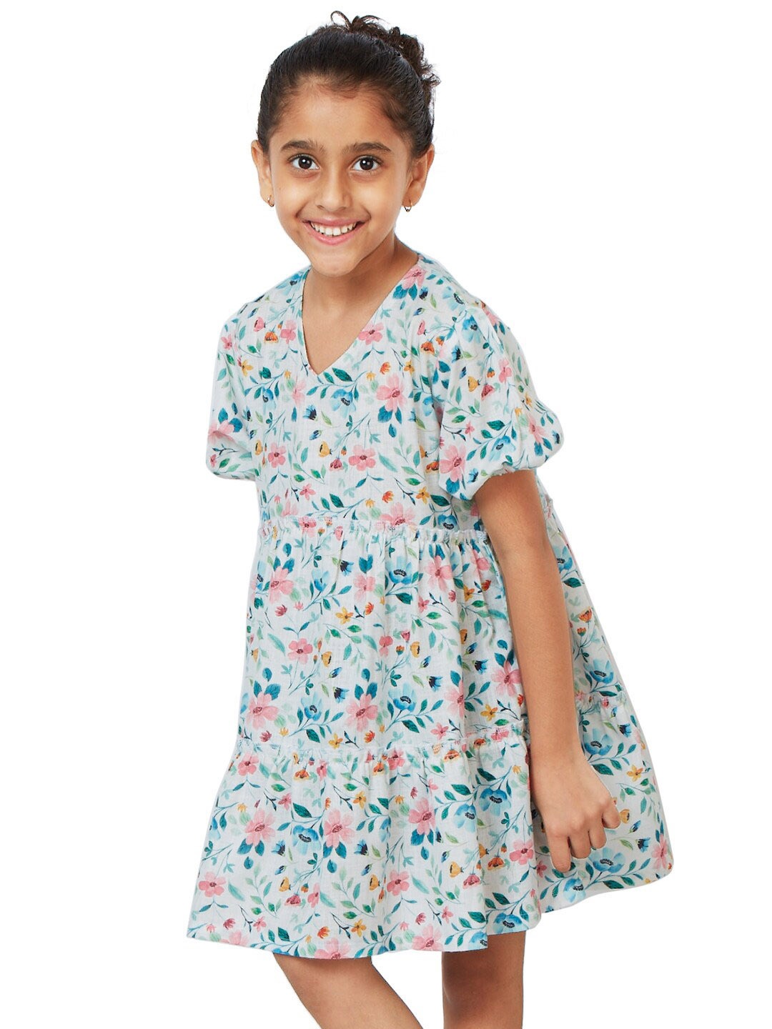 

My Milestones Floral Printed V-Neck Puff Sleeve Tiered Fit & Flare Dress, Blue