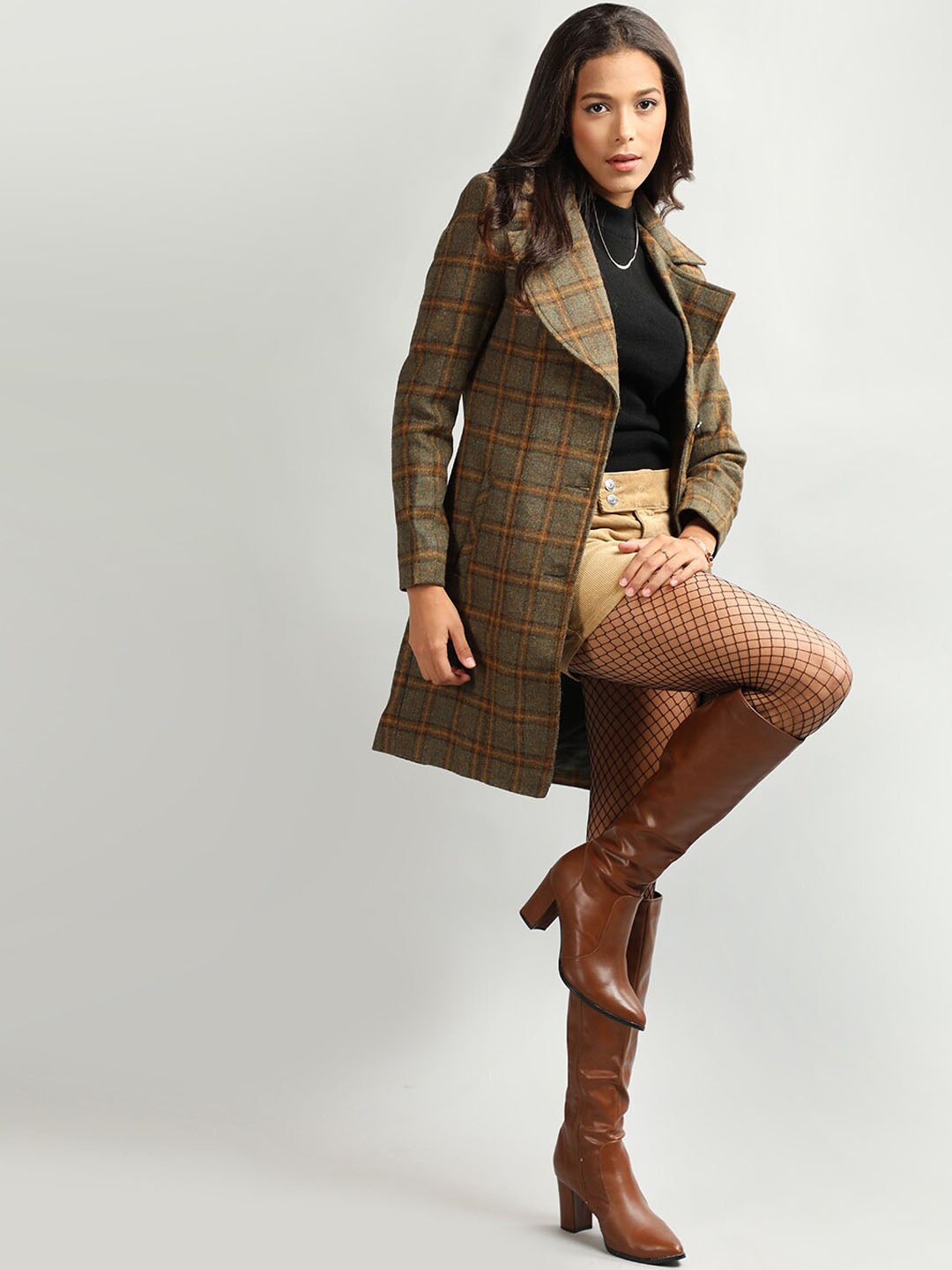 

HONNETE Checked Single-breasted Trench Coat, Green