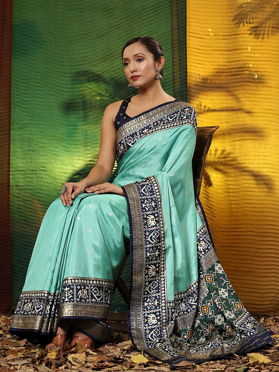 

Phenav Polka Dot Zari Patola Saree, Turquoise blue