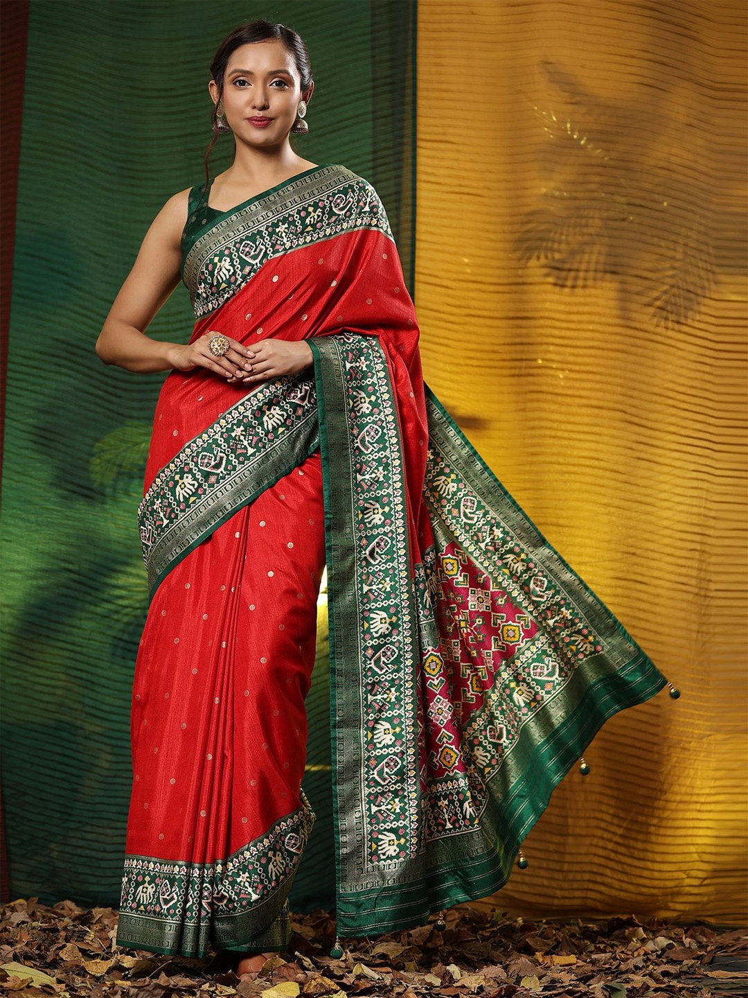 

Phenav Polka Dot Printed Zari Detailed Saree, Red