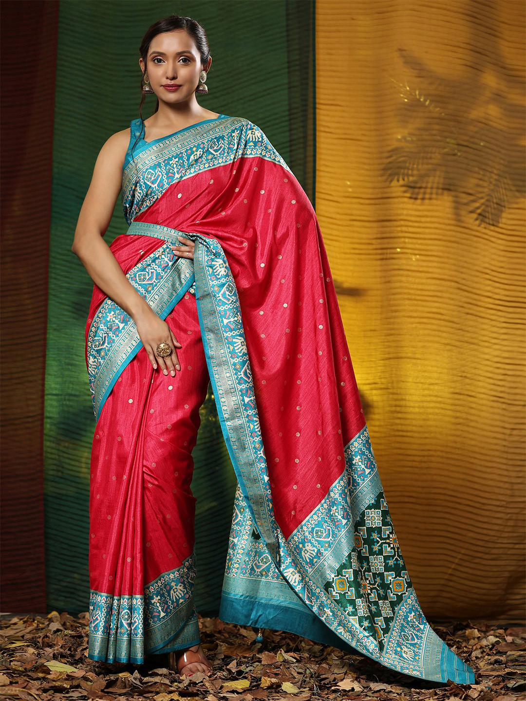 

Phenav Polka Dot Printed Zari Detailed Saree, Red