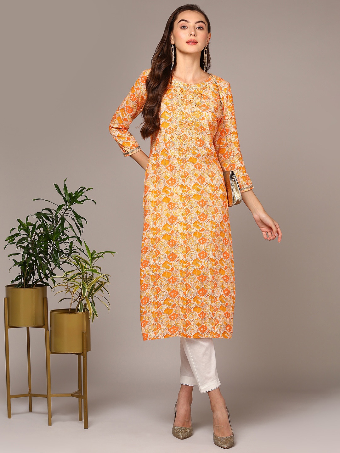 

AHIKA Ethnic Motifs Printed Thread Work Kurta, Orange
