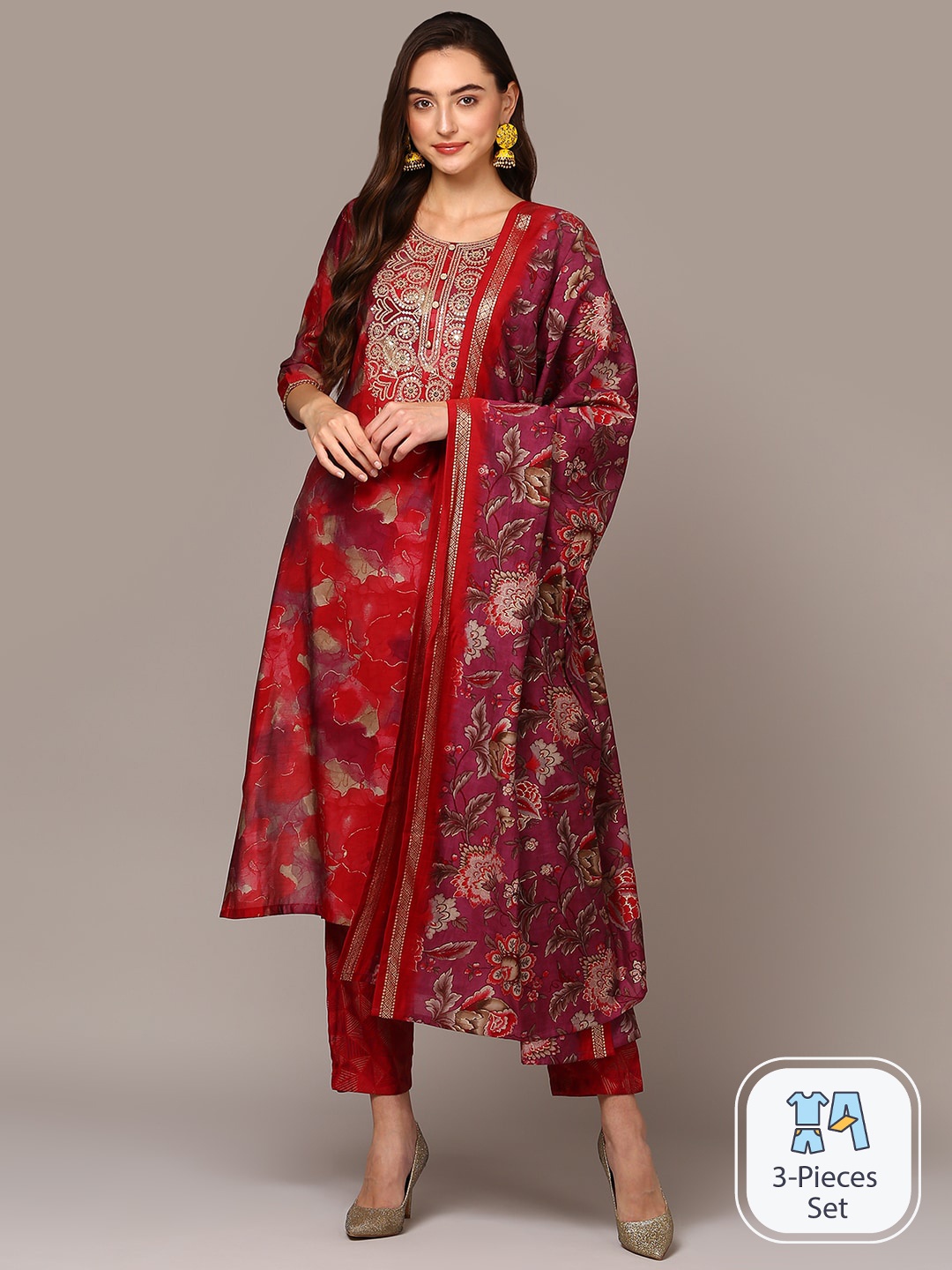 

AHIKAM Maroon & Blue Floral Printed Sequined Kurta with Trousers & Dupatta