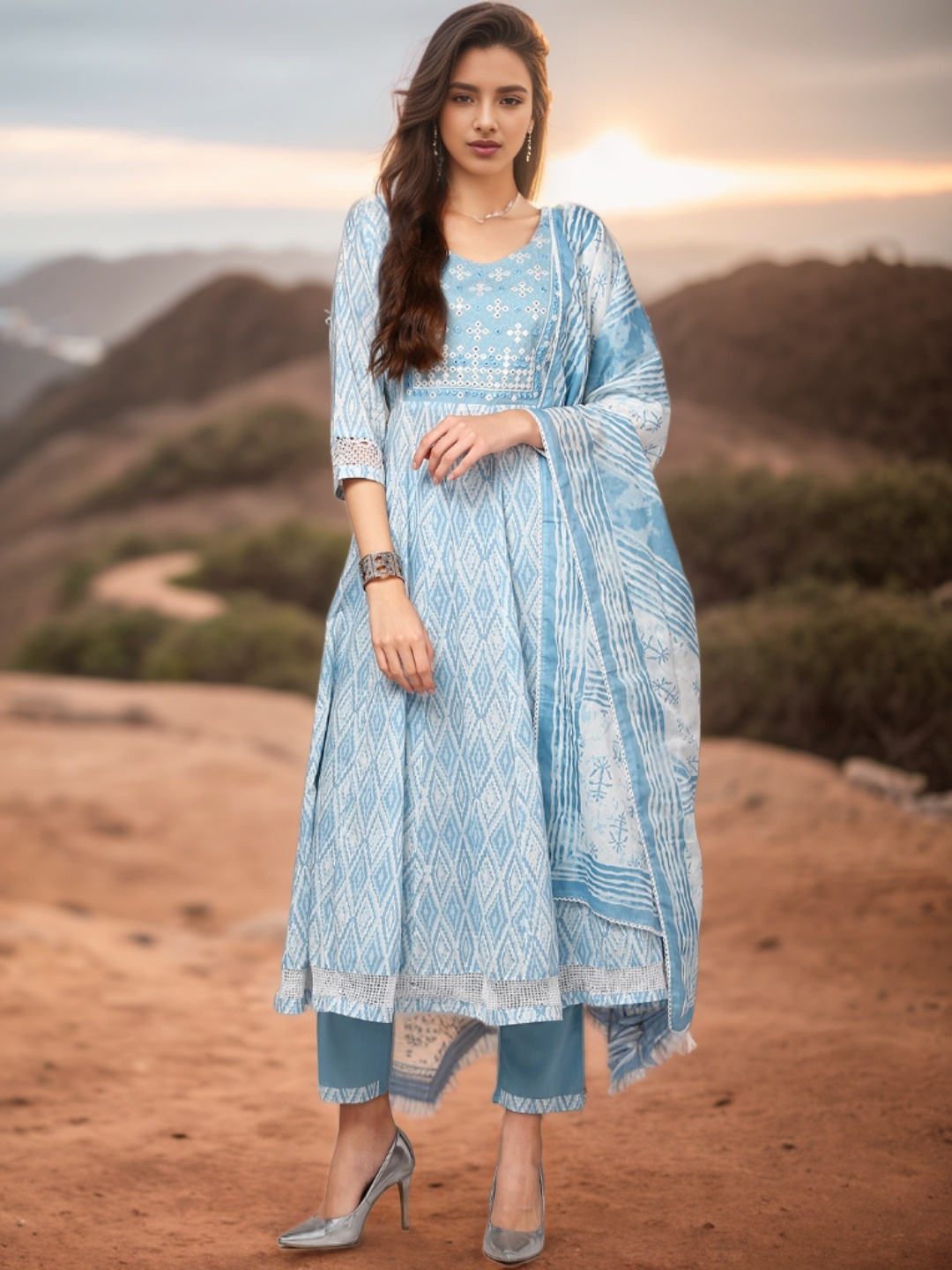 

AHIKA Ethnic Motifs Printed Empire Mirror Work Kurta With Trousers & Dupatta, Blue