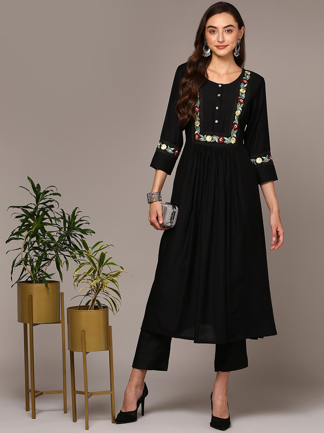 

AHIKA Floral Embroidered Pleated A-Line Kurta, Black