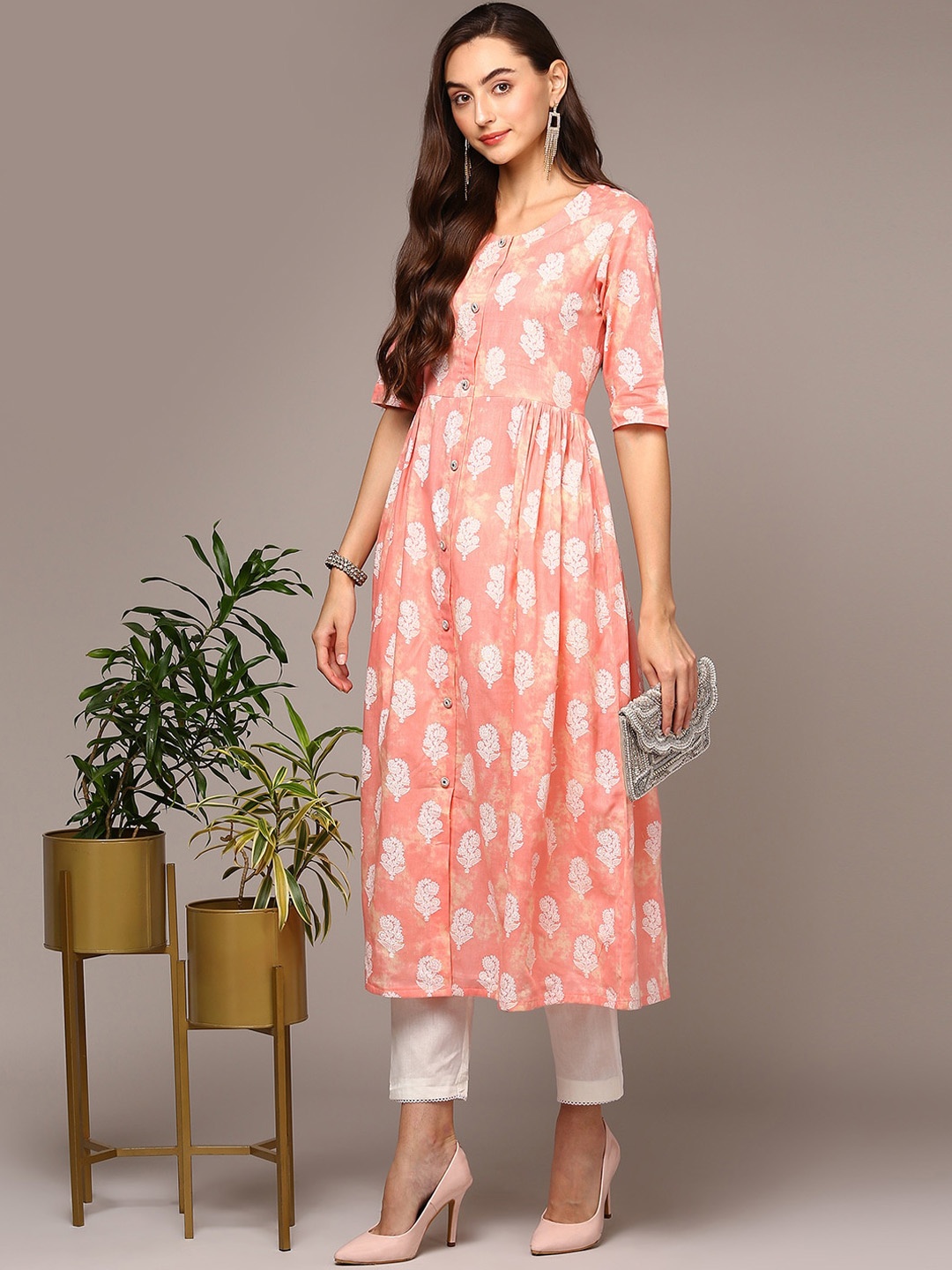 

AHIKA Ethnic Motifs Printed Pleated Cotton A-Line Kurta, Peach