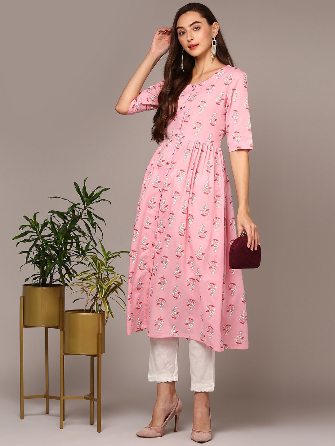 

AHIKA Floral Printed Pleated Cotton A-Line Kurta, Pink