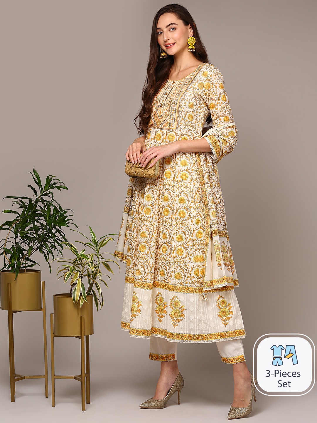 

AHIKA Floral Printed Thread Work Anarkali Kurta With Trousers & Dupatta, Off white
