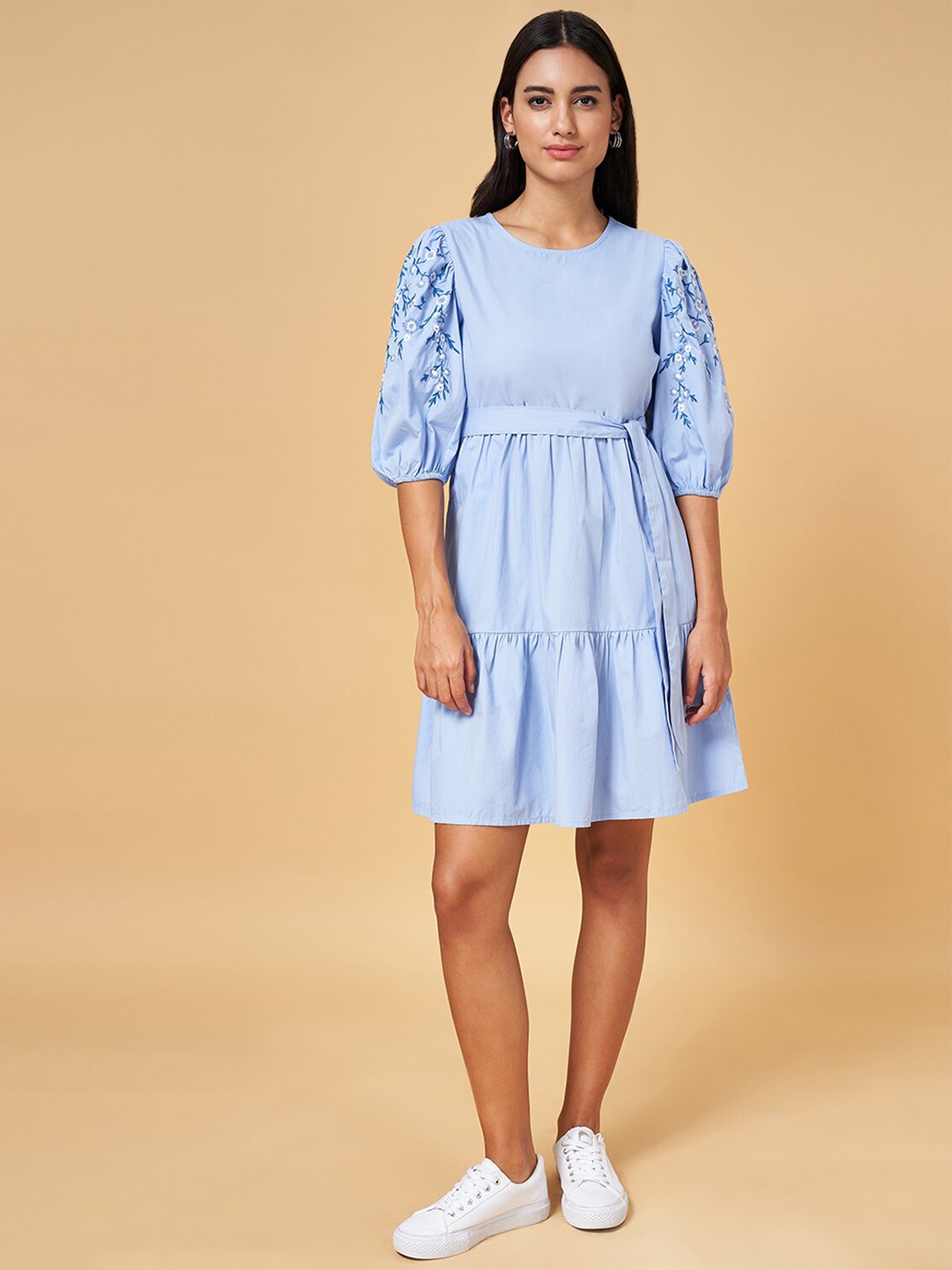 

Honey by Pantaloons Round Neck Puff Sleeves Cotton A-Line Dress, Blue