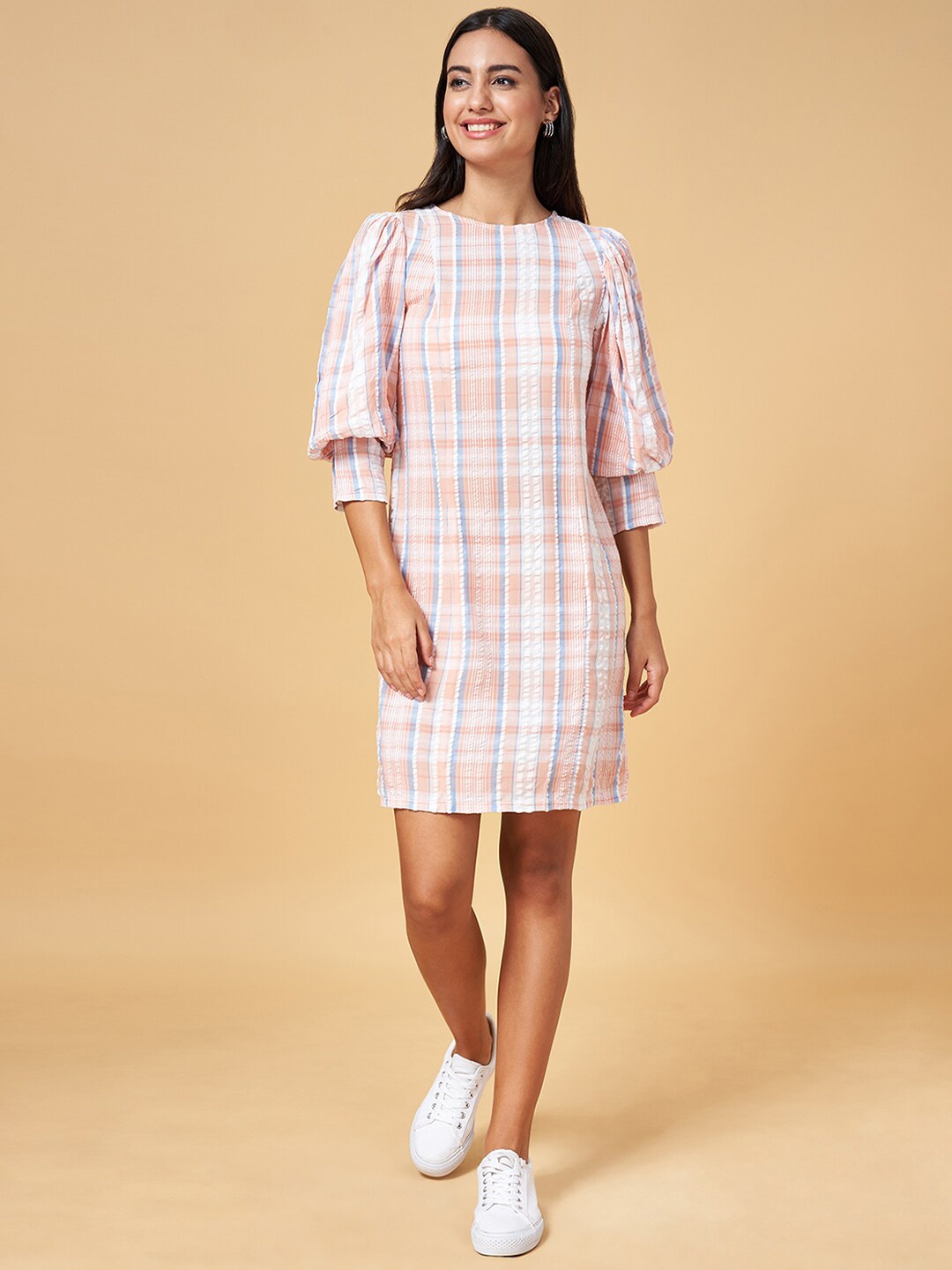 

Honey by Pantaloons Checked Cotton Sheath Dress, Peach