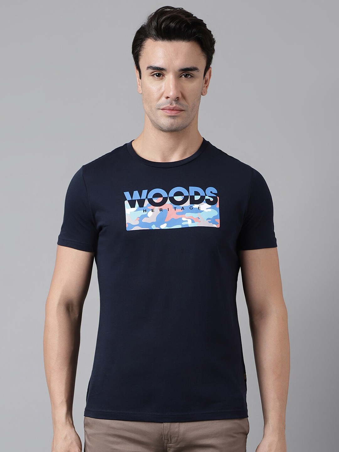 Woods Graphic Printed Pure Cotton T-Shirt, Navy blue