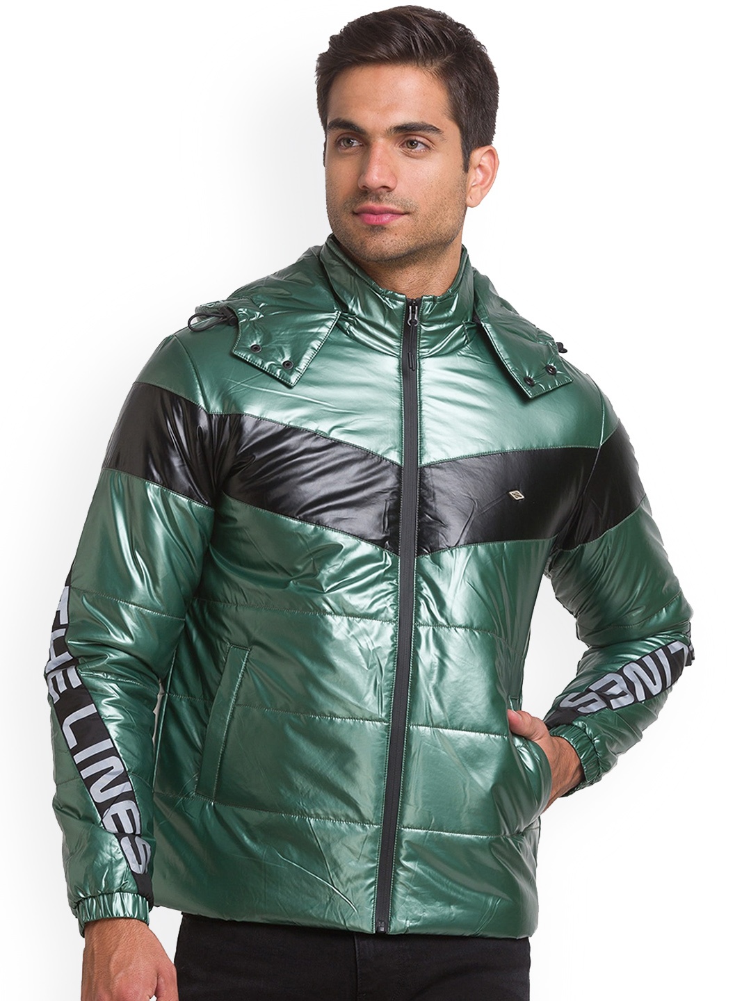 

Being Human Striped Hooded Puffer Jacket, Green