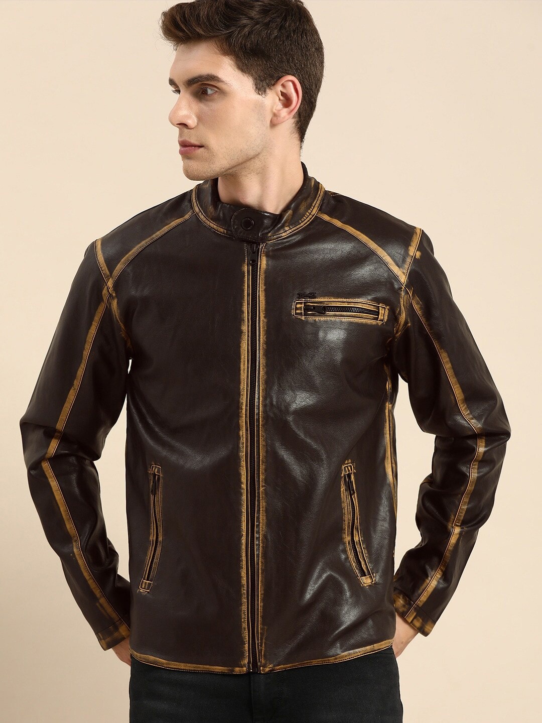 

Being Human Stand Collar Biker Jacket, Brown