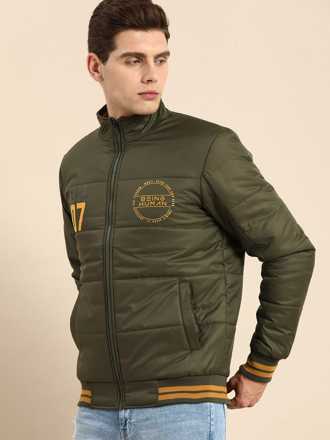 

Being Human Stand Collar Bomber Jacket, Green