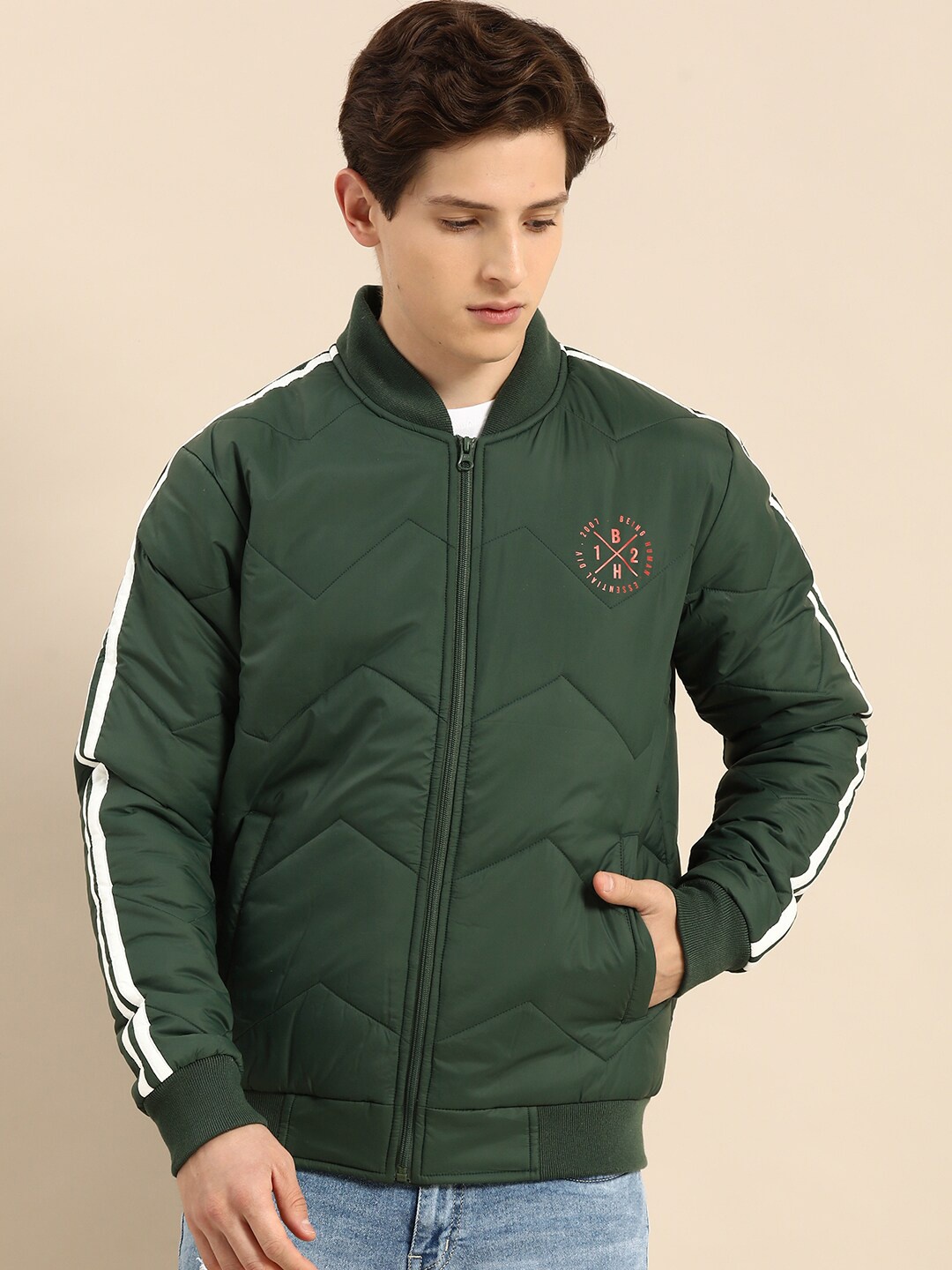 

Being Human Stand Collar Padded Jacket, Green
