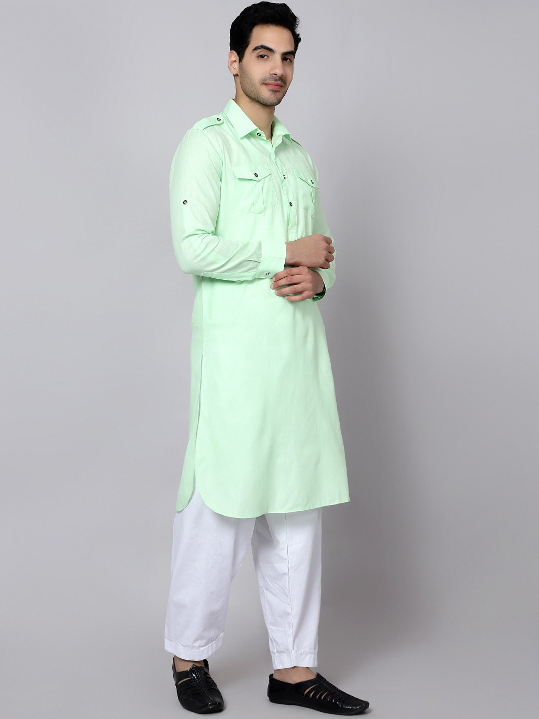 

Sultan The King Of Kurta Shirt Collar Pathani Kurta with Pyjamas, Green