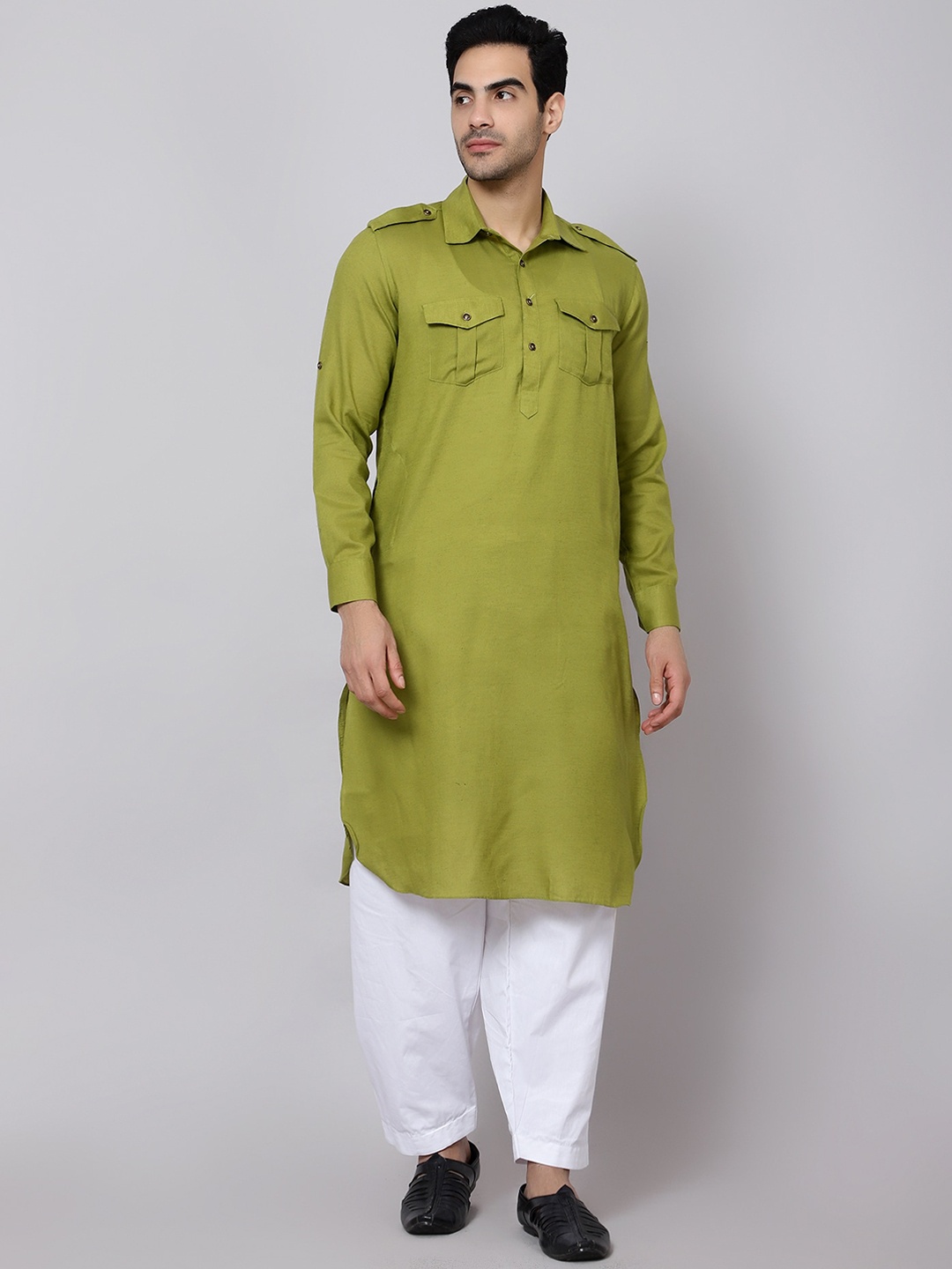 

Sultan The King Of Kurta Shirt Collar Straight Kurta with Pyjamas, Olive