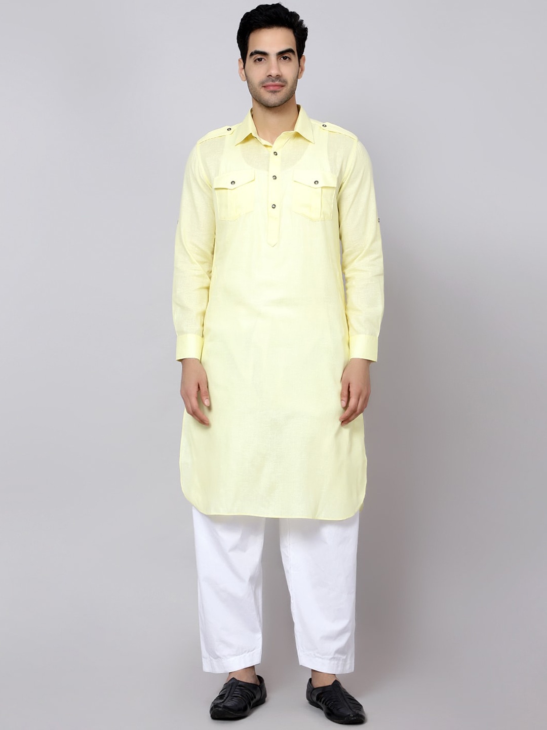 

Sultan The King Of Kurta Shirt Collar Pathani Kurta with Pyjamas, Yellow