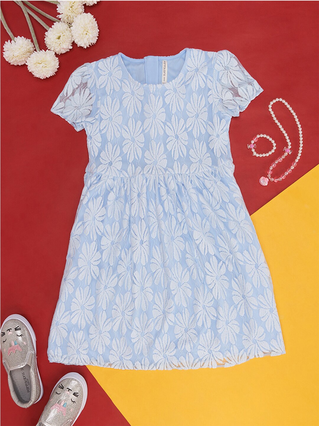 

Pantaloons Junior Girls Floral Embroidered A-Line Dress, Blue