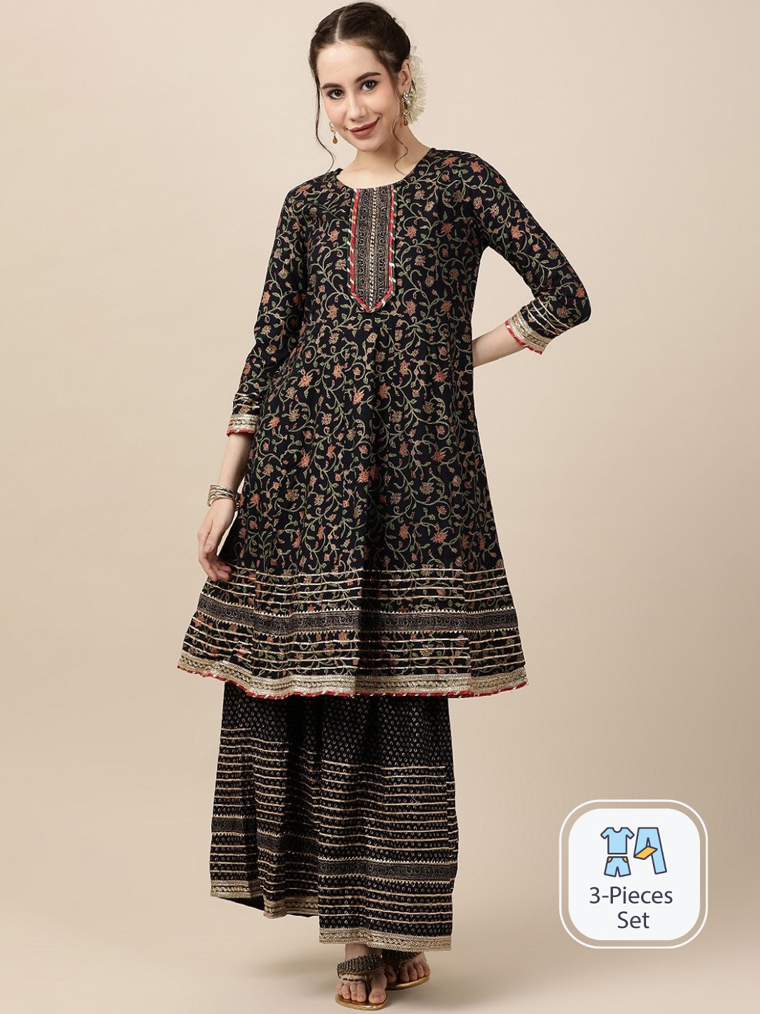 

HERE&NOW Floral Printed Gotta Patti Detailed Anarkali Kurta & Sharara With Dupatta, Navy blue