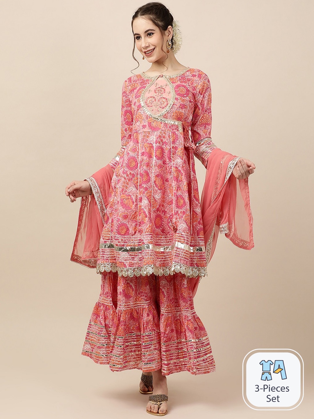 

HERE&NOW Floral Printed Regular Gotta Patti Pure Cotton Kurta With Sharara & Dupatta, Pink