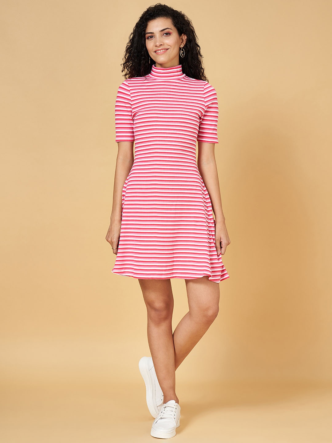 

People Striped High Neck A-Line Dress, Pink