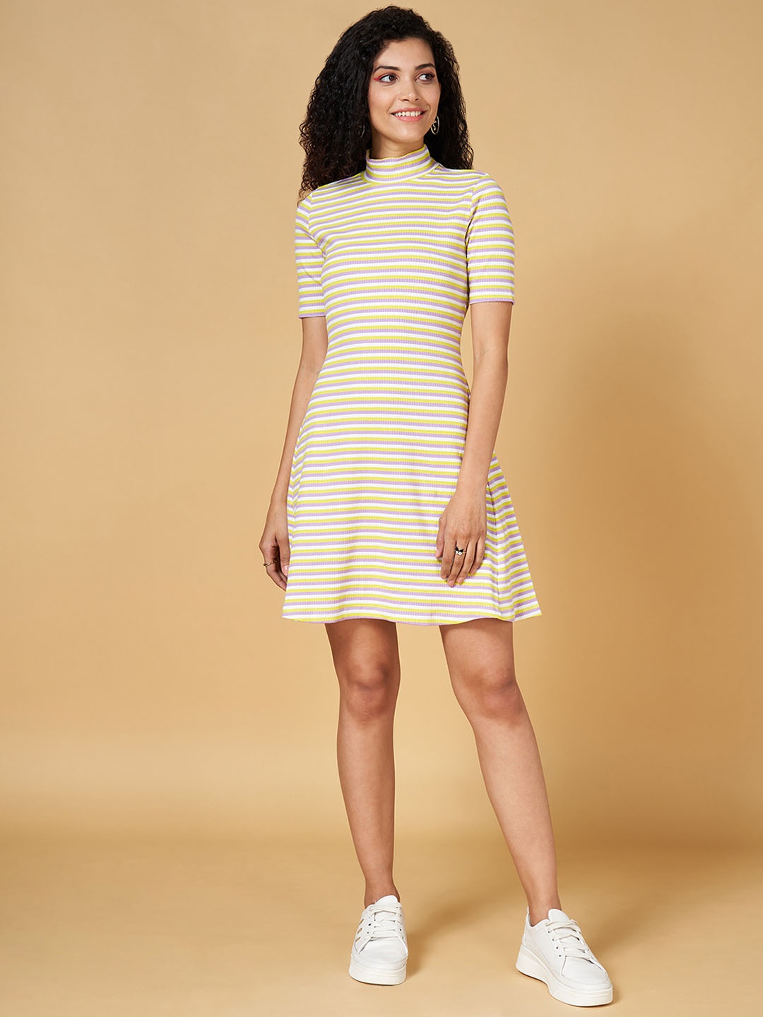 

People Striped High Neck A-Line Dress, Yellow
