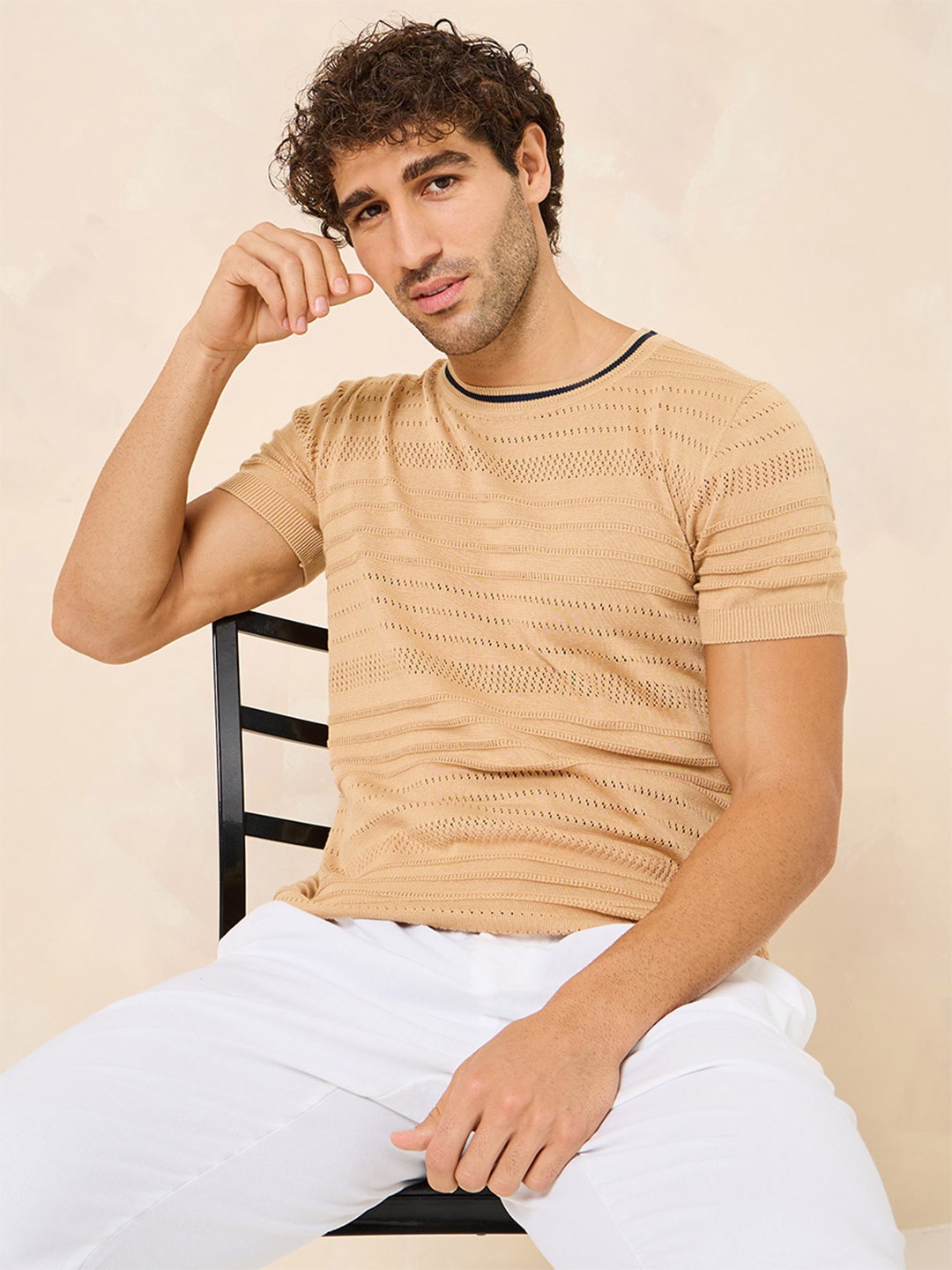 

Styli Men Textured Knit Regular T-Shirt, Beige
