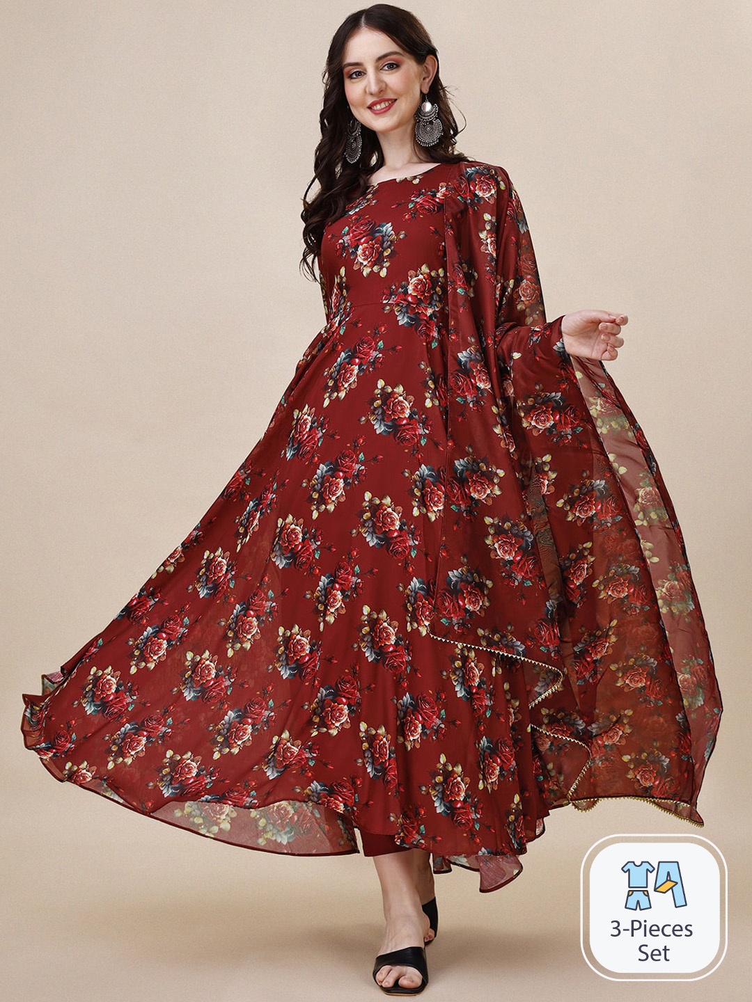 

Berrylicious Floral Printed Anarkali Kurta & Trousers With Dupatta, Maroon