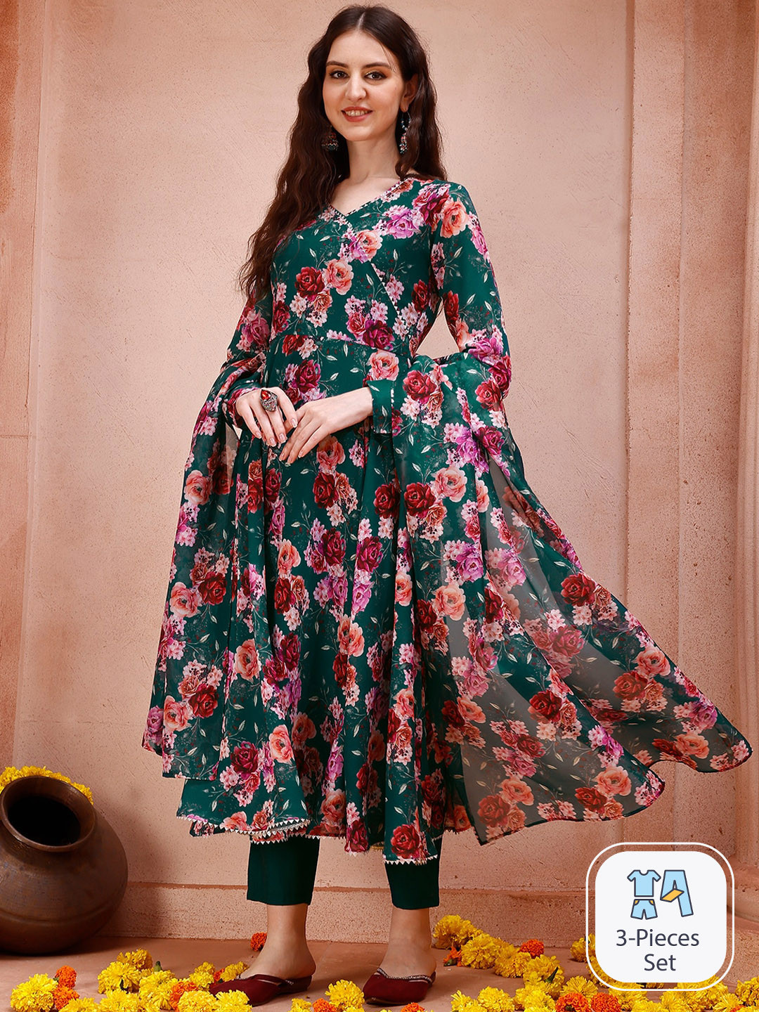

Berrylicious Floral Printed Anarkali Kurta & Trousers With Dupatta, Teal