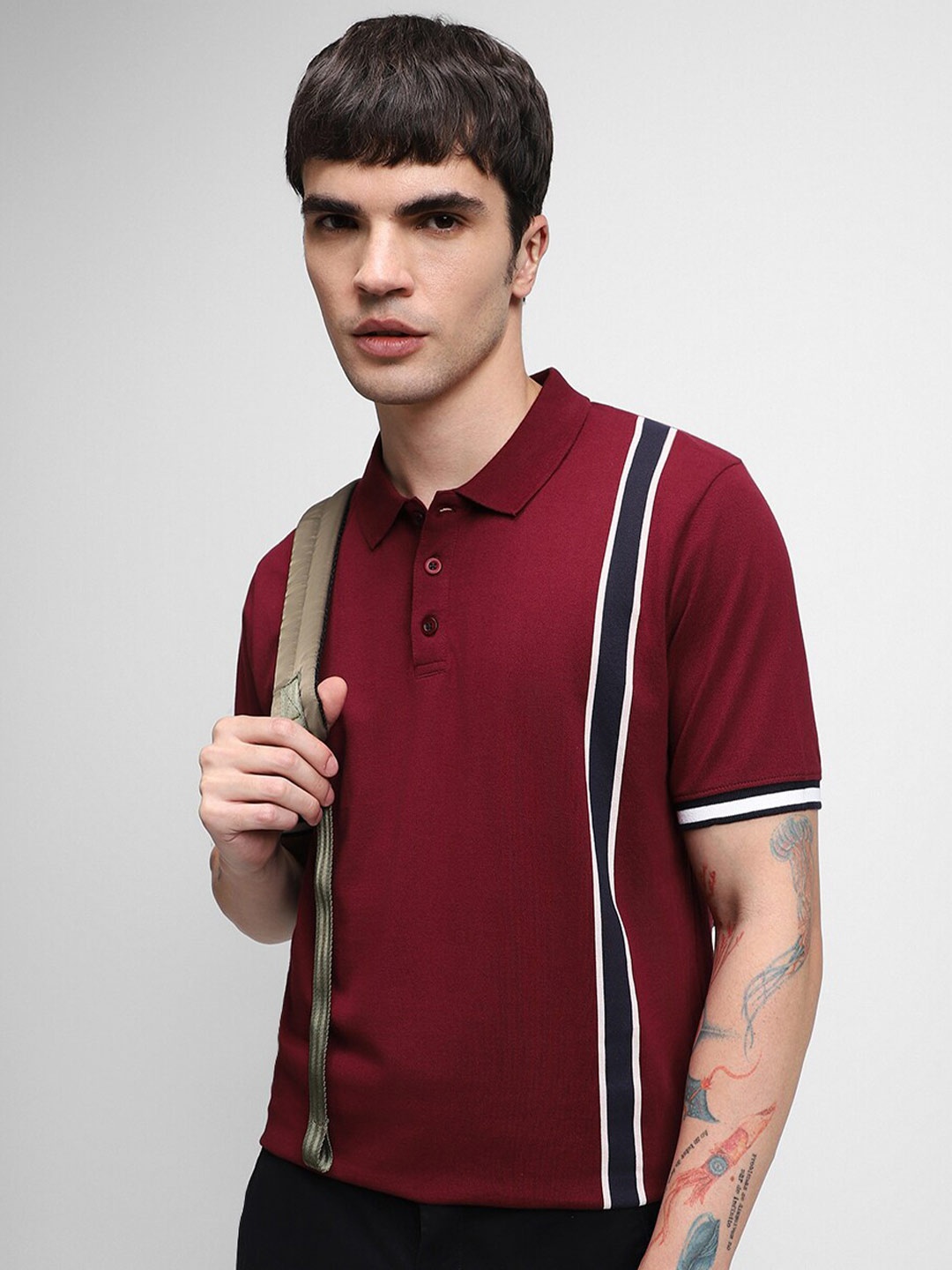 

Dennis Lingo Striped Polo Collar Cotton Slim Fit T-Shirt, Maroon