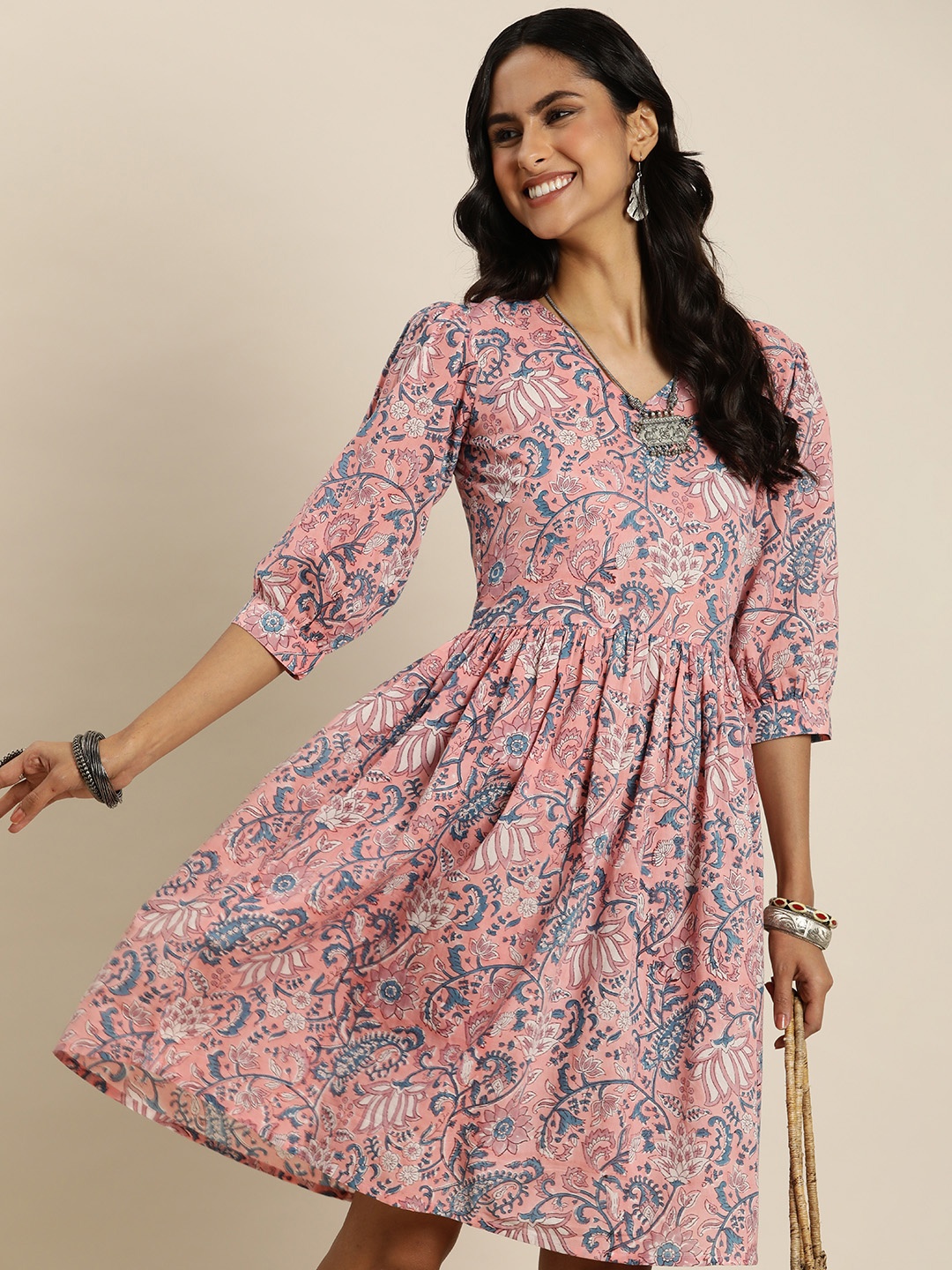 

Taavi Floral Sanganeri Print Puff Sleeve A-Line Cotton Midi Dress, Pink